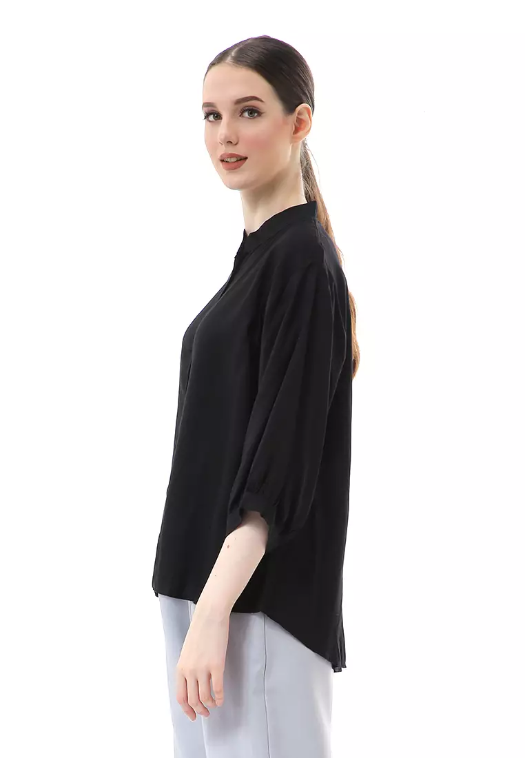 Ghita Kemeja Atasan Wanita Motif Polos Long Sleeve High Quality - Hitam