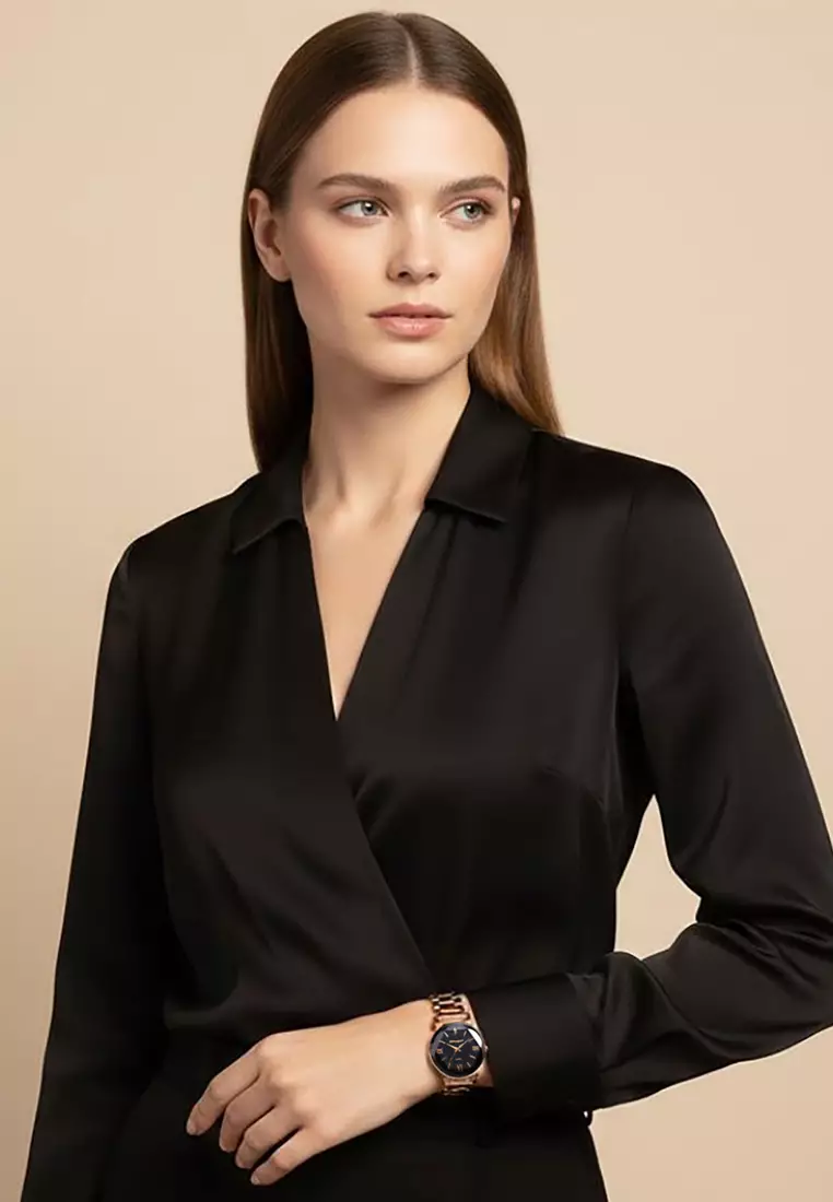 Romish Watch Embellished with Glittering Crystals - Rose Gold and Black