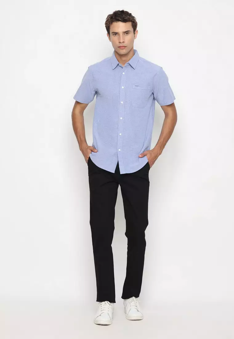 RBJ Kemeja Polos Cotton Biru Slim Fit Pria