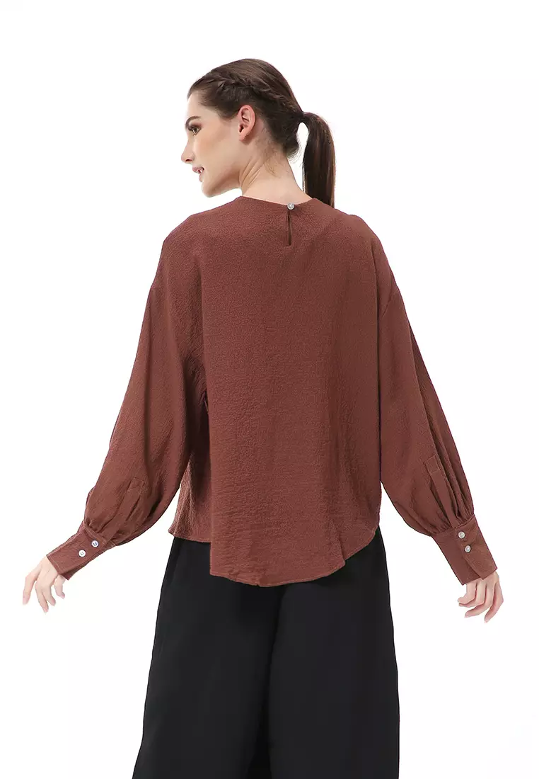 Albertine Blouse Atasan Wanita Lengan Puffy Plain Motive Material Crinkle ORIGINAL - Choco