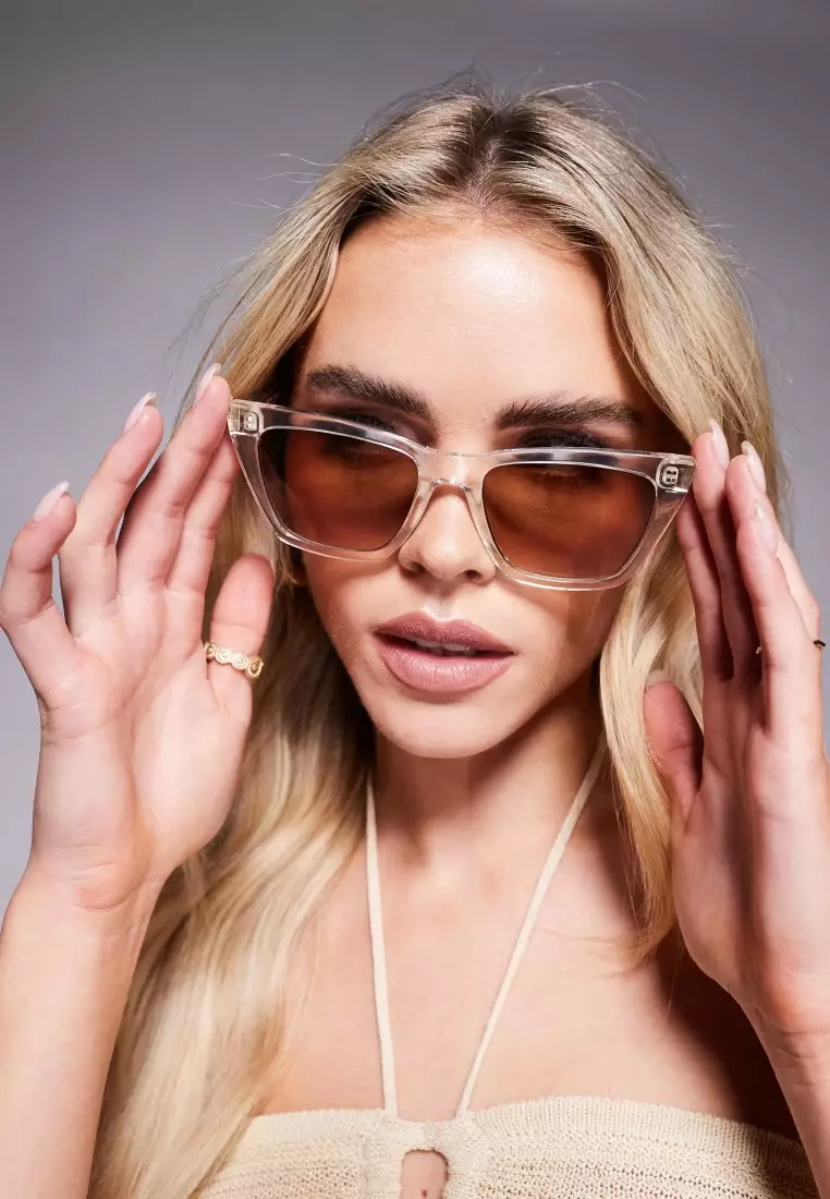 New AQUAY Call the Shots Womens Clear Frame Sepia Lens Cat Eye Sunglasses Quay call the shots cat eye sunglasses in clear pink with  main image 4