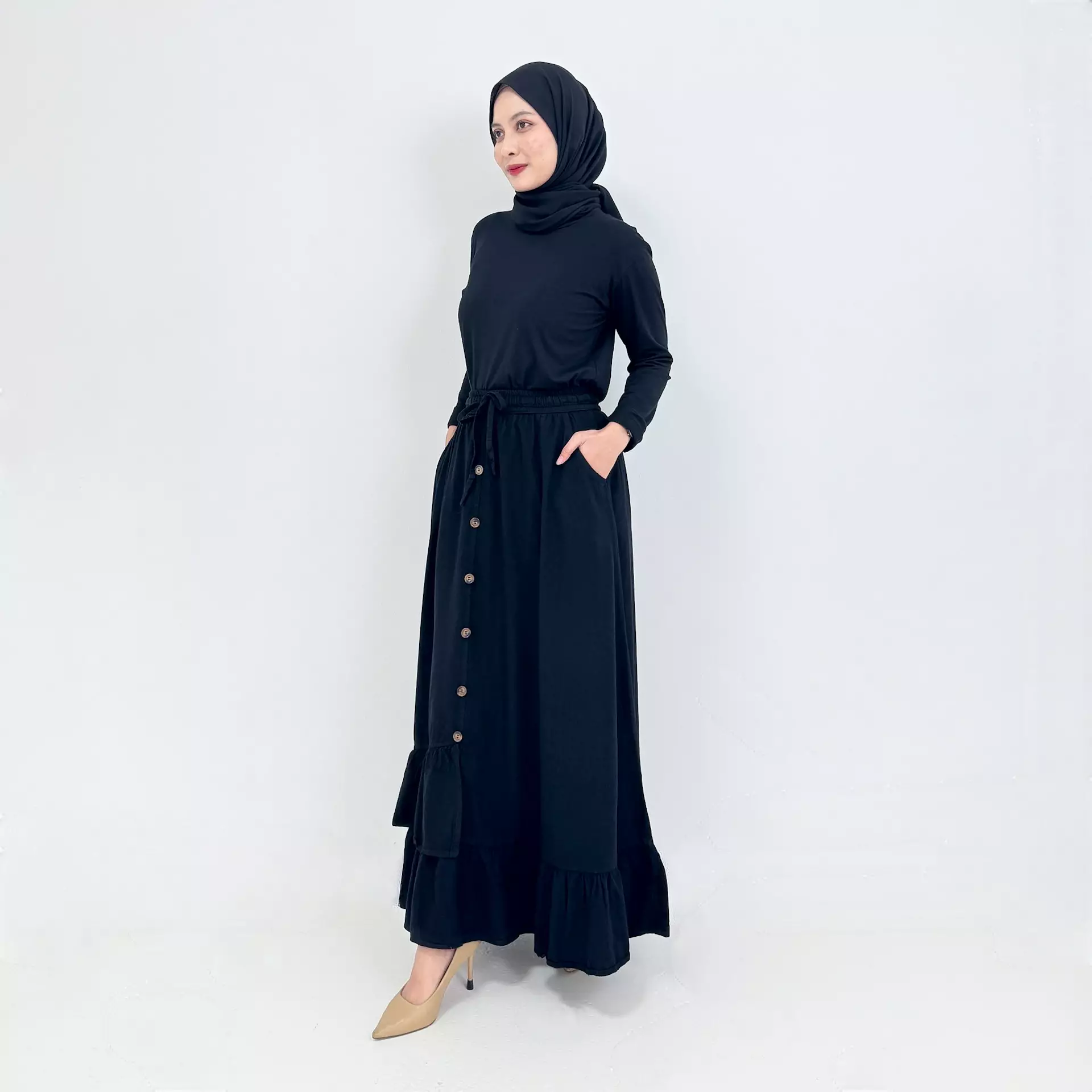 Long Skirt Denim Nayra [HITAM] Rok Panjang Soft Jeans Muslim A-Line