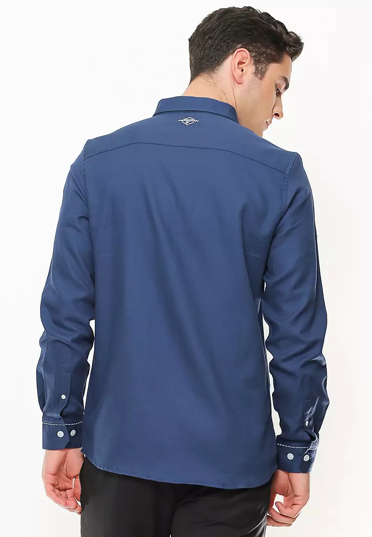 Johnwin - Slim Fit - Kemeja Casual Active - Garis Putih - Biru