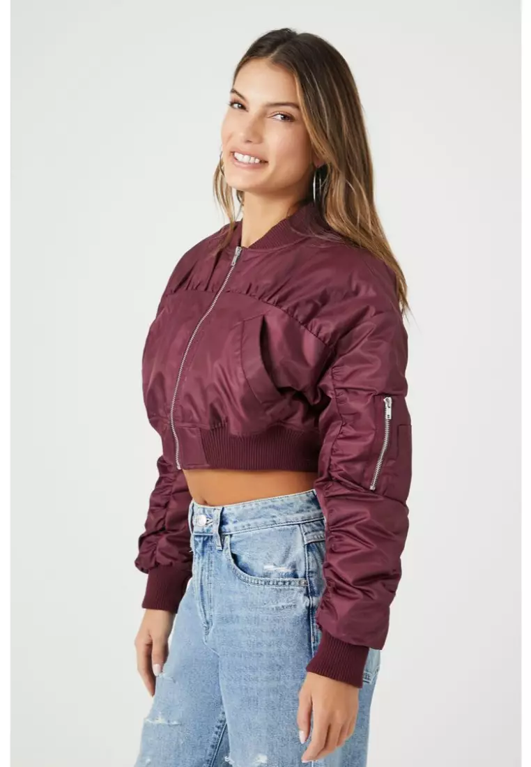Ruched Sleeve Cropped Bomber Jacket