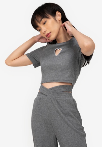 ZALORA BASICS grey Embroidered Heart Cut Out Top 9238EAA5D3EB46GS_1