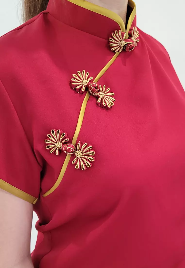 Ivory Cheongsam Cap Sleeves Top Red Maroon