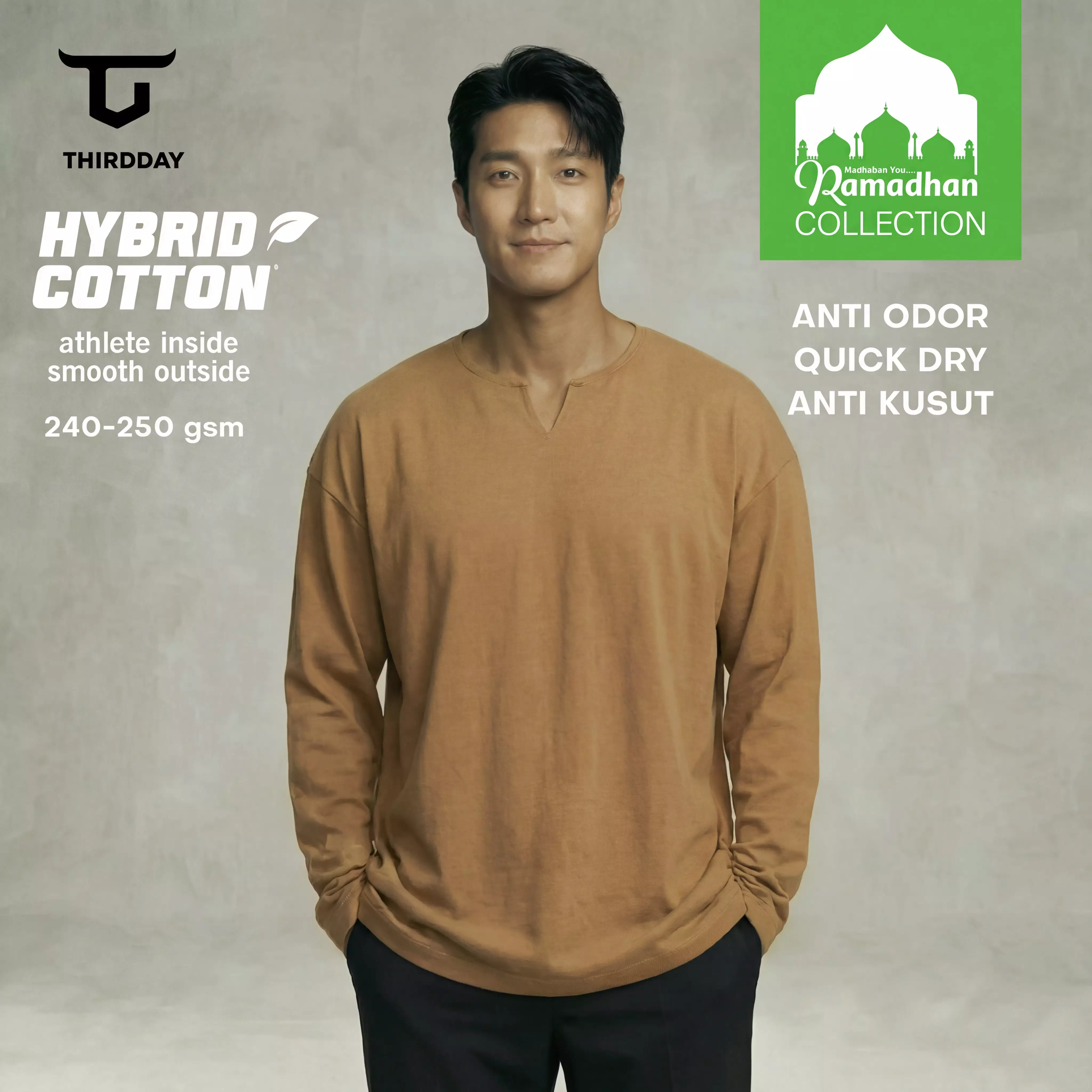 THIRDDAY Baju Koko Oversize Pria Lengan Panjang Kalcer Hybrid Cotton 240gsm coklat khaki MTZ16