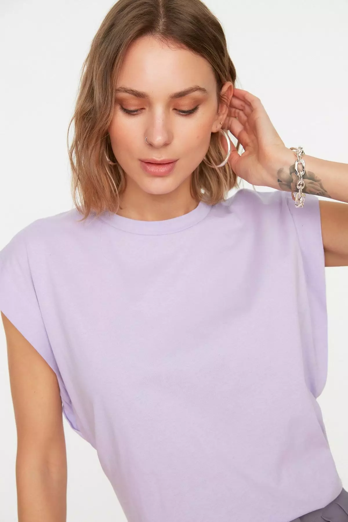 Lilac 100% Cotton Wadding Look Basic Crew Neck Knitted T-Shirt TWOSS20TS0021