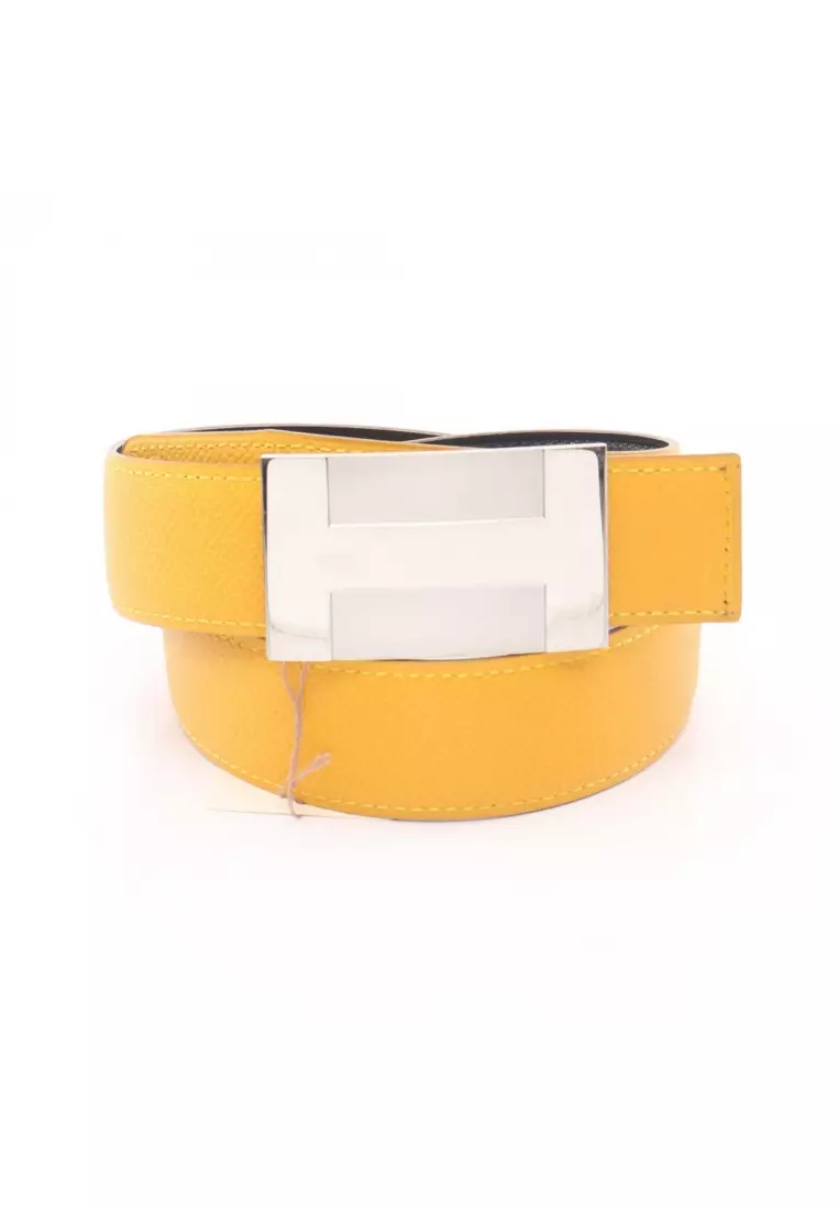 Pre-Loved Hermès H-plate reversible belt leather black yellow silver hardware □ A stamp