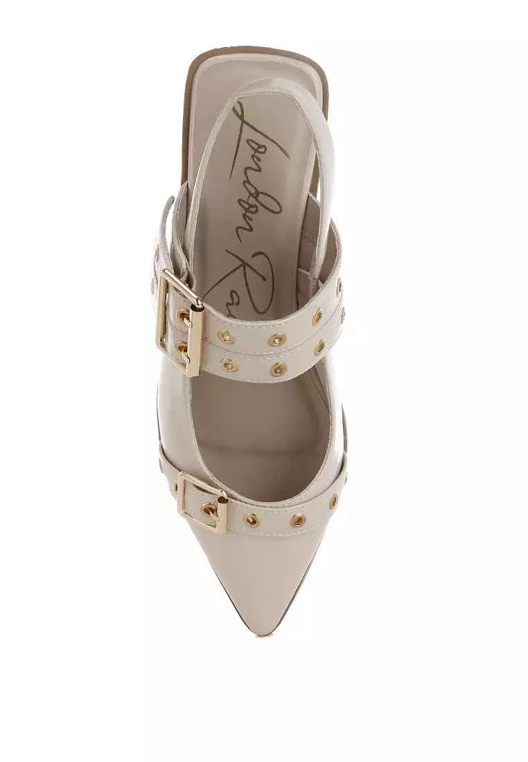 Eyelets & Buckle Detail Flats In Beige