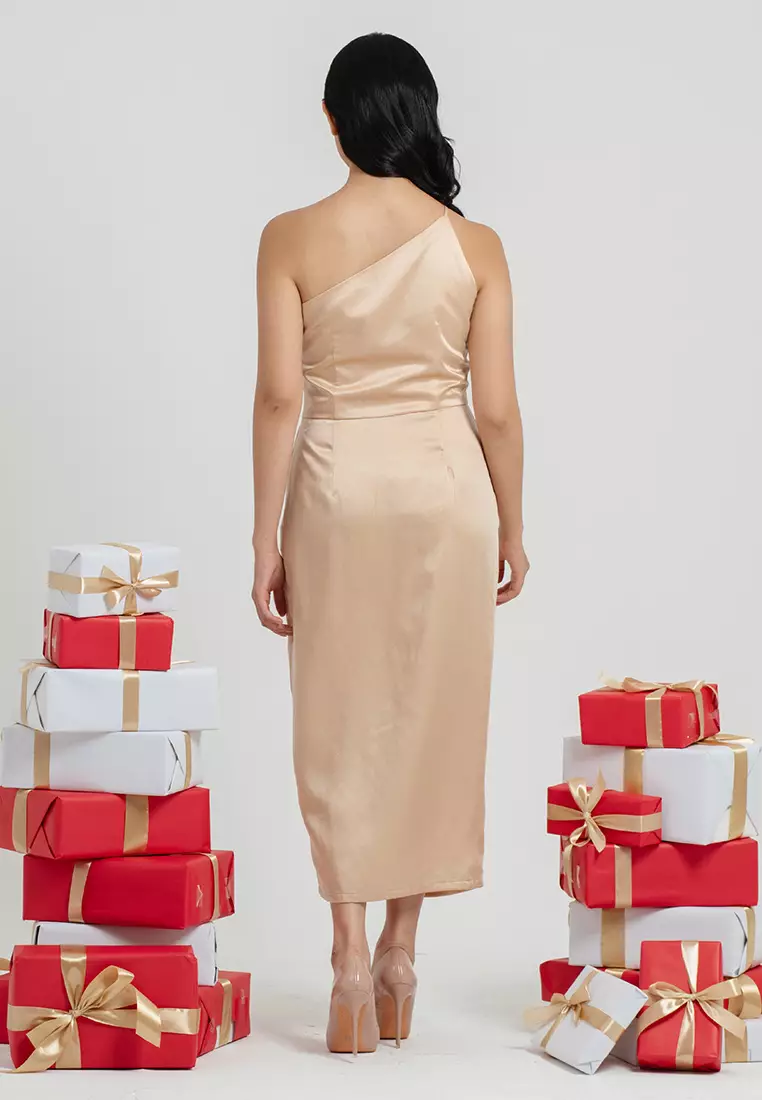 Pleated Waist One Shoulder Dress in Gold