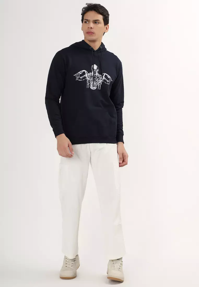 男士机车印花橡胶印花棉质宽松连帽衫，蓝色，适合训练、慢跑，外观高档，舒适