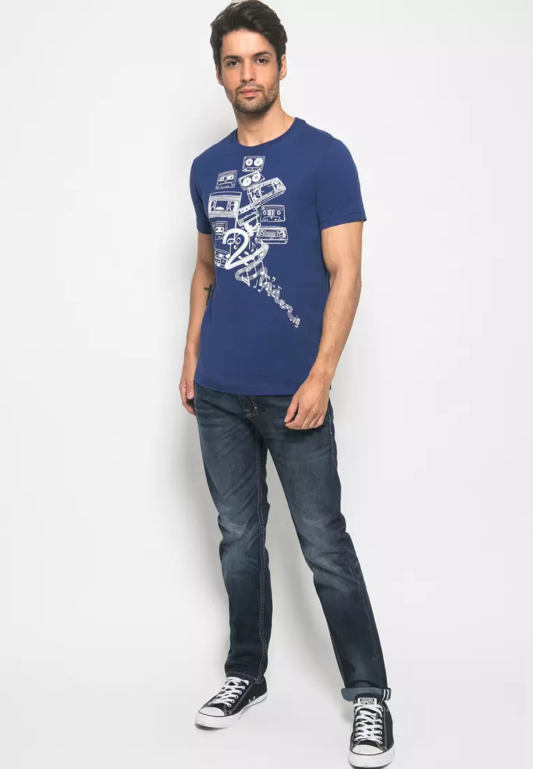 LGS Kaos Youth Casual Pria Slim Fit Biru Tua Sablon GTS Size