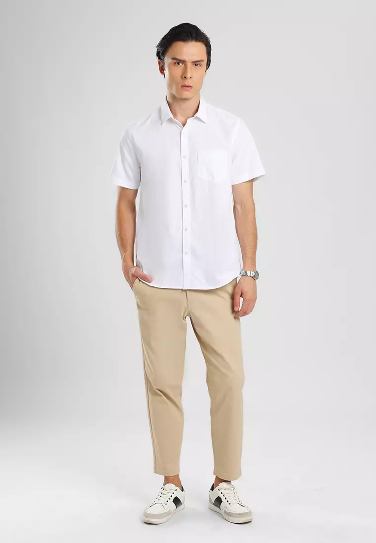 MANZONE - Kemeja Oxford Quick Dry Lengan Pendek Pria Jaxen 02 Modern Fit - White Warna White