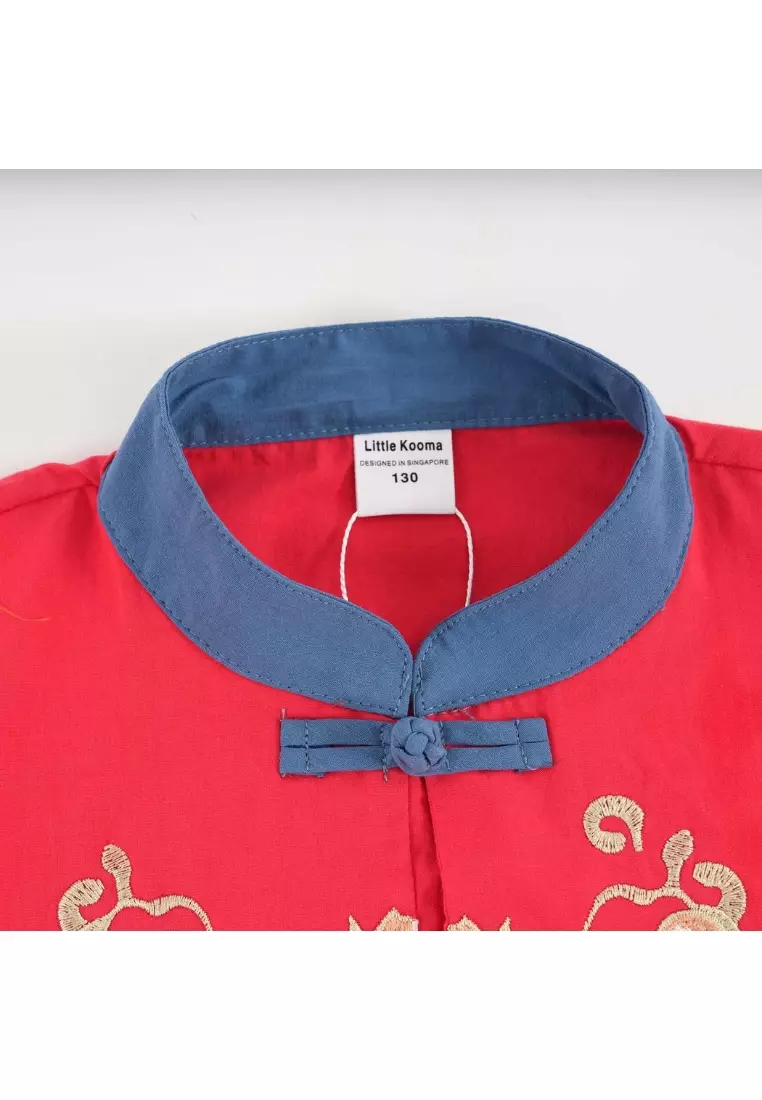 舞獅嬰兒裝兒童男童唐裝漢服套装紅色上衣與藍色短褲拜年服0838