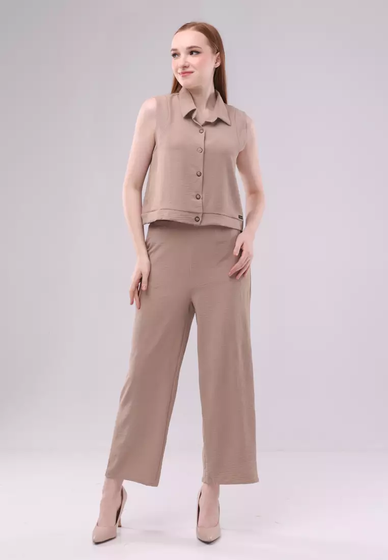 Plain Wrinkled Woven Sleeveless Terno Pants