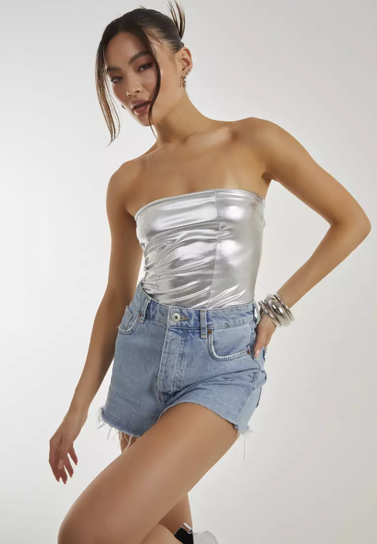 Pink Vanilla Silver Silver Metallic Pu Corset Top