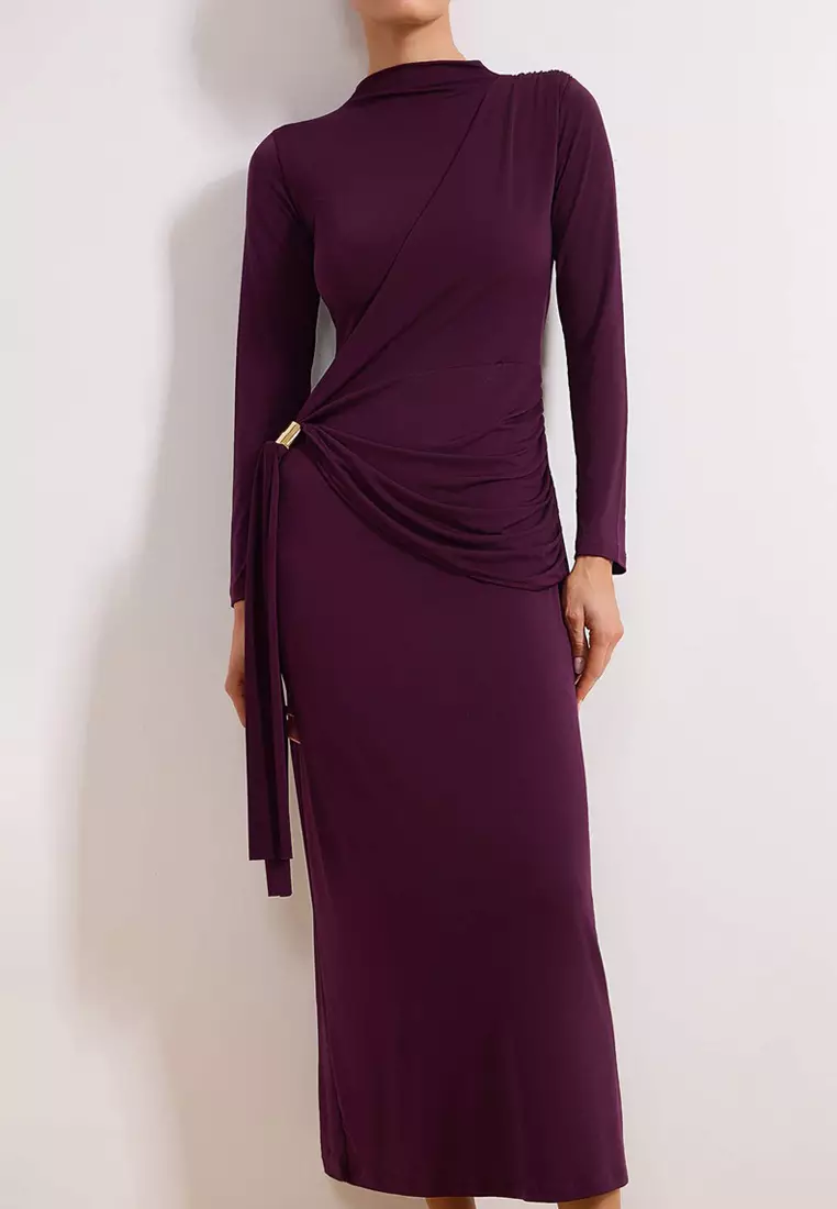 Plum Unlined Plain Knitted Buckle Detail Sandy Hijab Dress Tctss26Eb00058