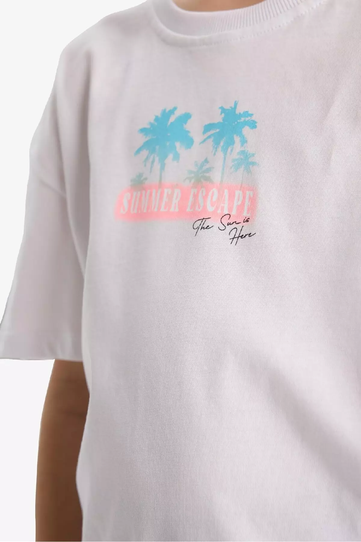 Girls' Oversize Wide Fit Crew Neck Back Printed Short Sleeve T-Shirt E6742A825Hs