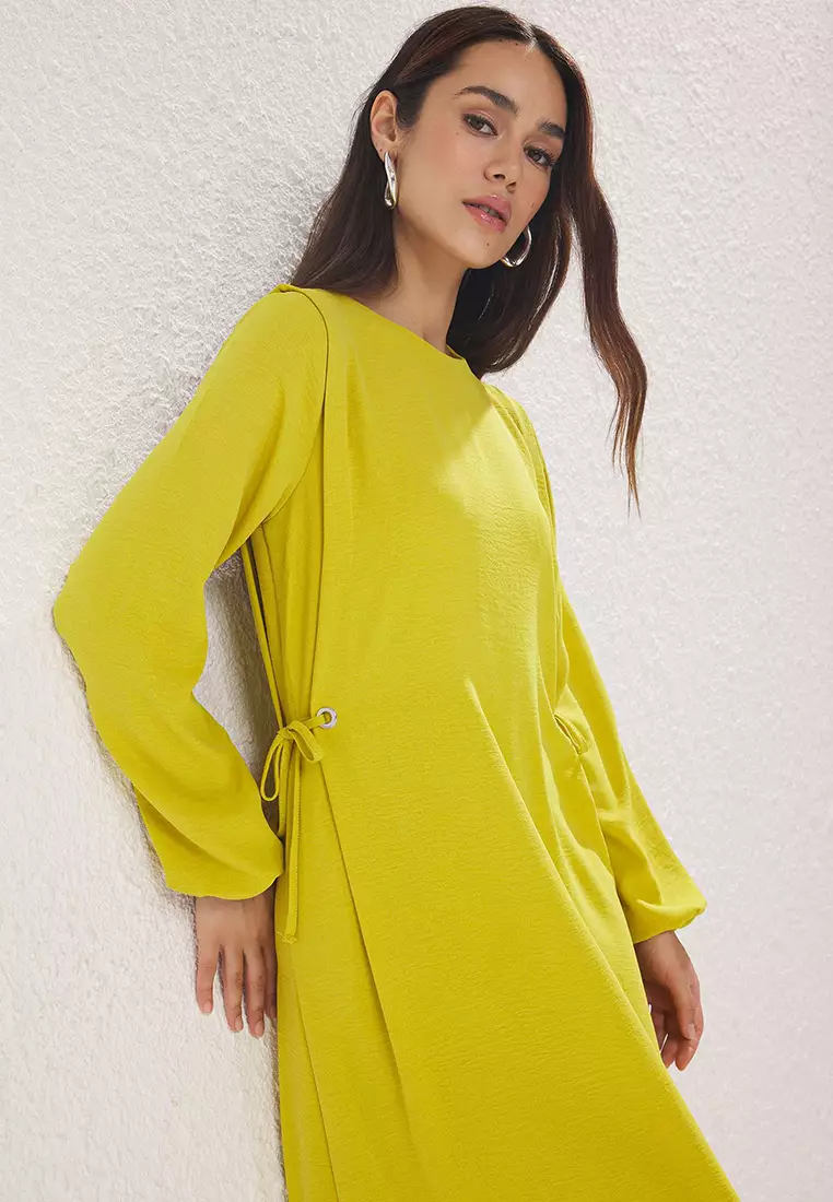 Oil Green Lace Detail Aerobin Woven Dress With Elastic Sleeves Tctss22Eb00104