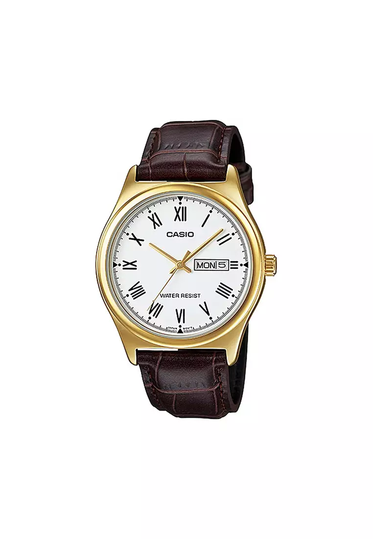 Men's Analog MTP-V006GL-7B Gold Tone Case Leather Watch