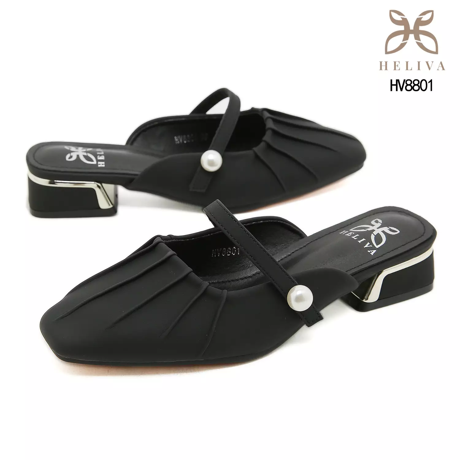 Heliva Aurel Classic Pleated Mules with Minimalist Strap and Statement Pearl Charm HV8801
