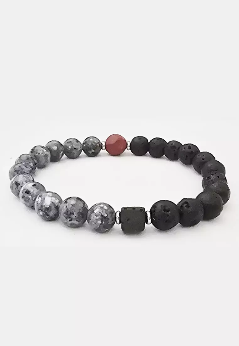 Aksesoris Gelang Pria Lava & Red Agate Center Bracelet Black & Rusty Red