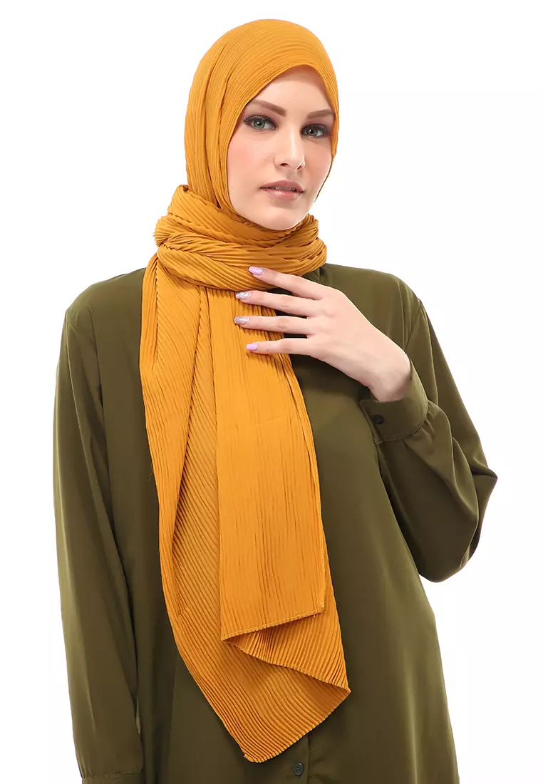 Melissa Pashmina Plisket Garis Hijab Wanita Relaxed Fit - Mustard