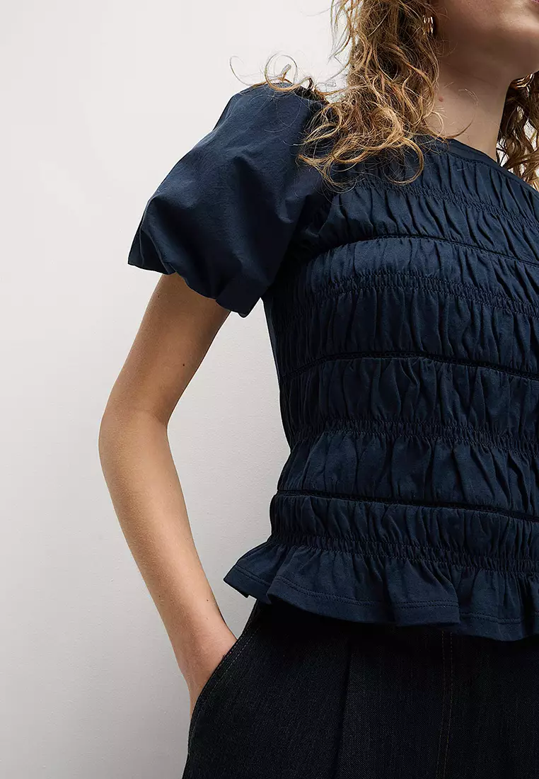 Pure Cotton Jersey Smocked Puff Sleeve Top