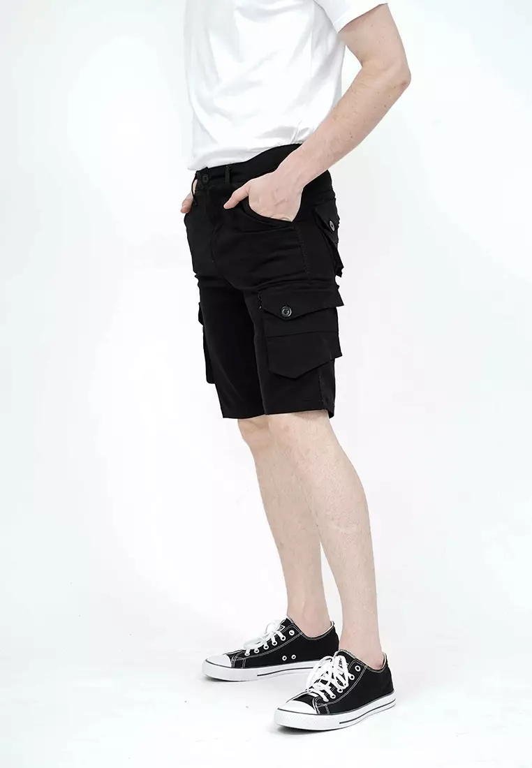 Celana pendek kargo pria cargo pants slim fit melar stretch houseofcuff Hitam