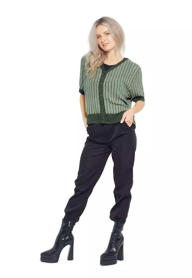 Atasan Rajutan Kabel Leher V Hijau