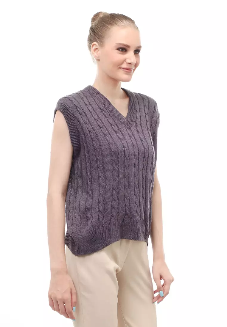 Urice Vest Rajut Atasan Wanita V-neck Sleeves Design Elegant - Dark Grey