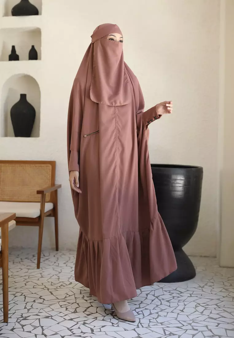 Cotton Bee - Yasmin Abaya Ruffle Set | Set Gamis Abaya Khimar Umrah Hajj - Rose Brown