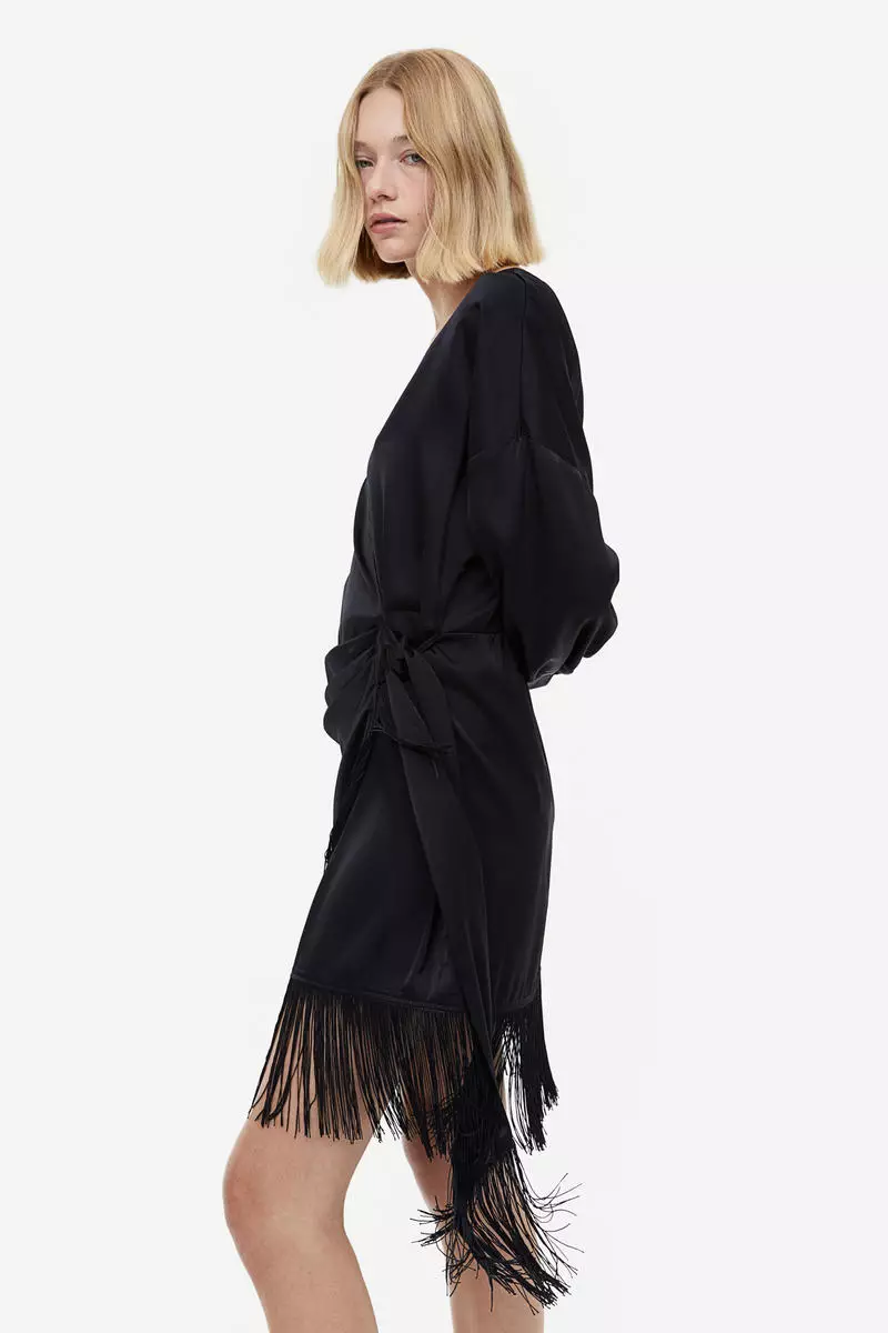 Fringe-trimmed satin wrap dress