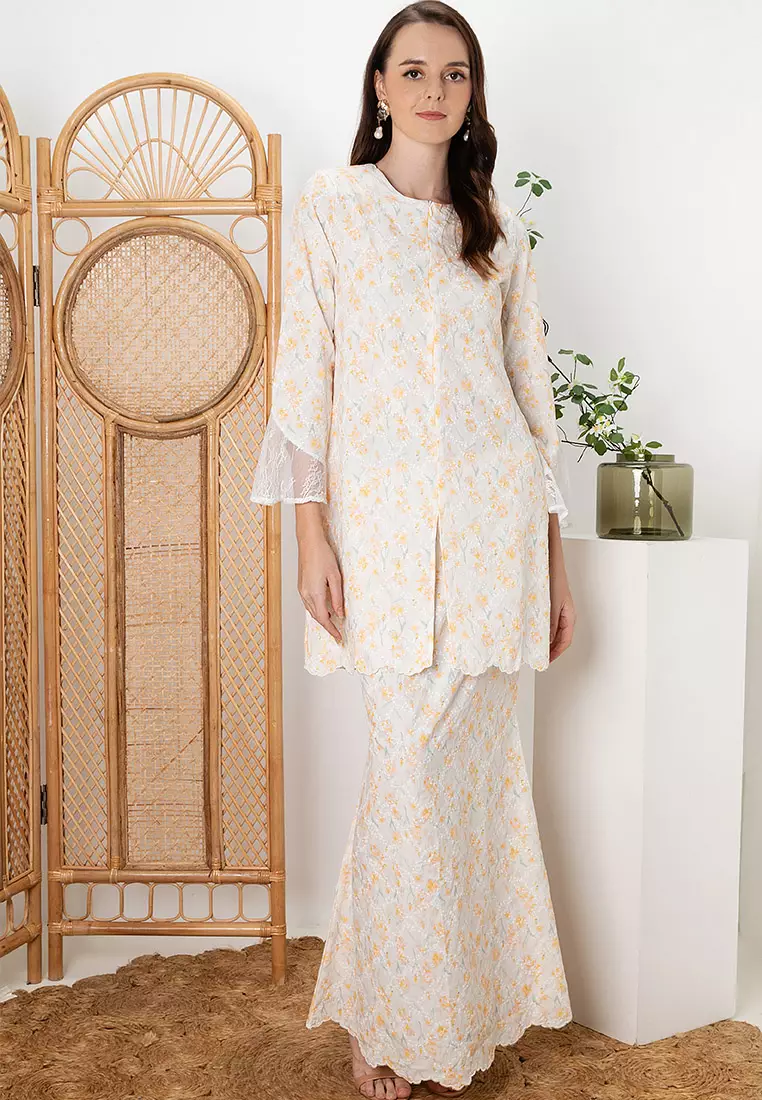 ANGGUN Lace Sleeves Cotton Embroidery Kurung Kebaya Modern in Soft Yellow