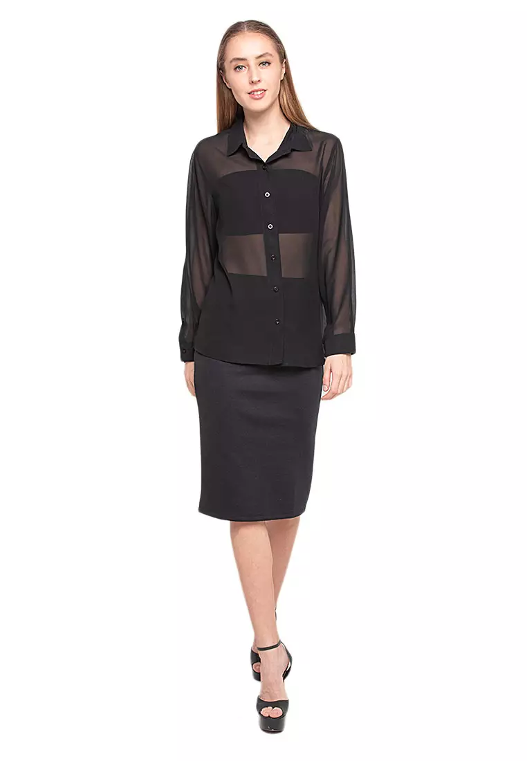 Calder Kemeja Atasan Transparan Front Button Opening Design Simple Plain Shirt Wanita - Black