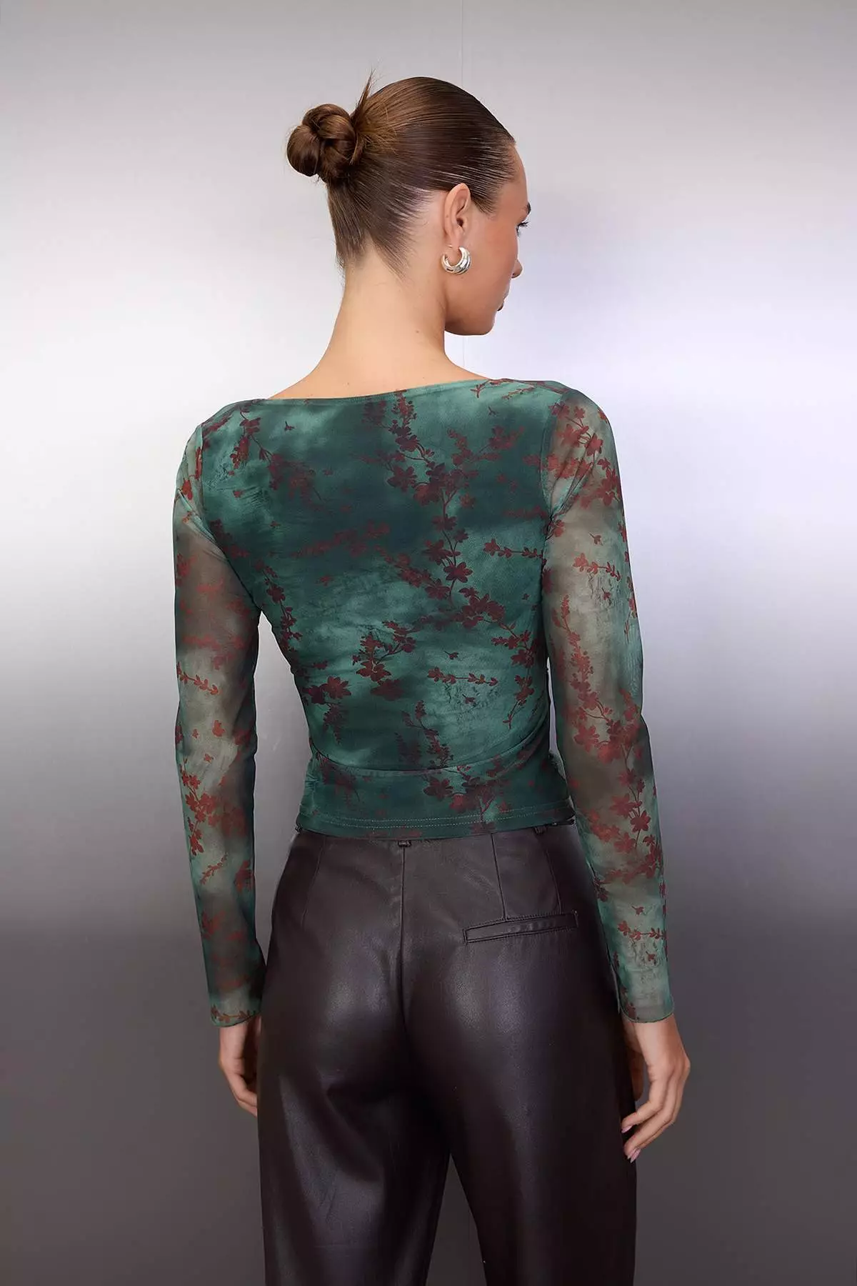 Khaki Abstract Floral Wrap Fitted/Fitted Tulle Knitted Blouse Twoaw26Bz226