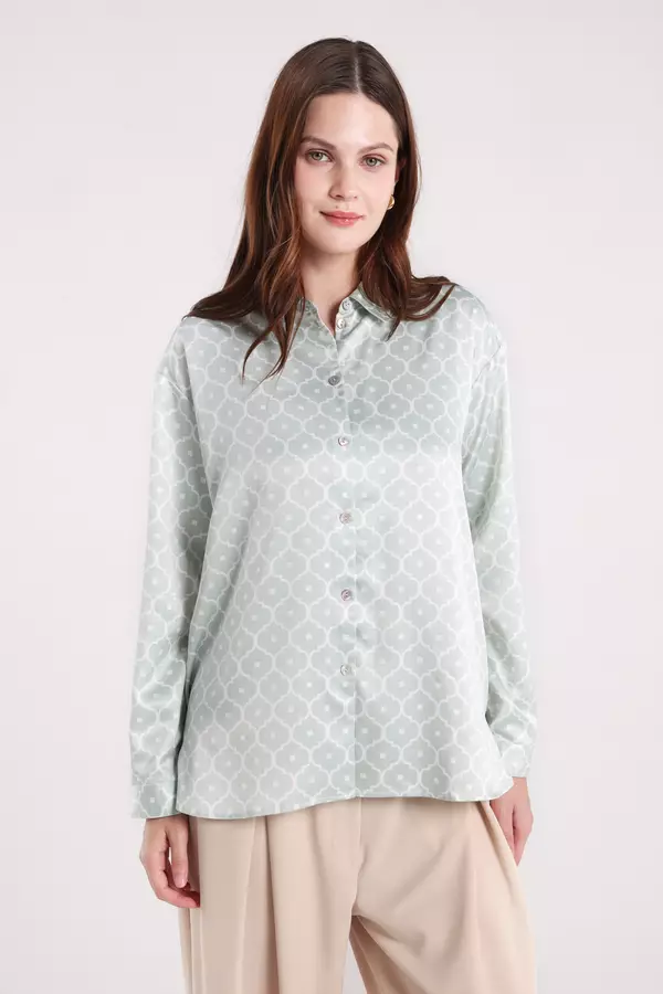 MINIMAL - Serine - Kemeja Satin Motif Geometris - Green Colour Green