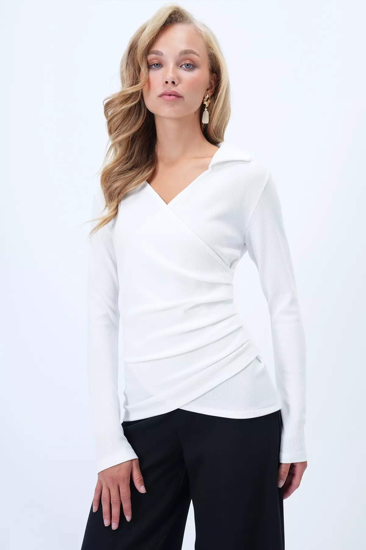 Women's White Shirt Collar Double Breasted Cut Drape Detailed Ottoban Blouse Alc-X14344