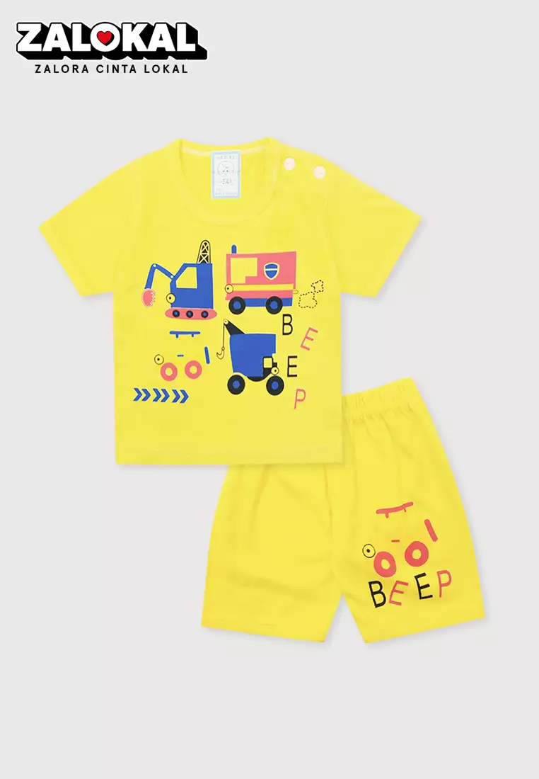 Wakakids Setelan Bayi Laki Laki Usia 0 Bulan Hingga 6 Bulan Set Baju Anak Celana Kaos Motif Tractor 3781 Kuning