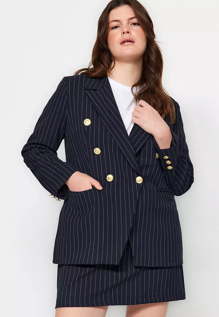 Navy Blue Striped Gold Buttoned Woven Jacket TBBAW24AG00027