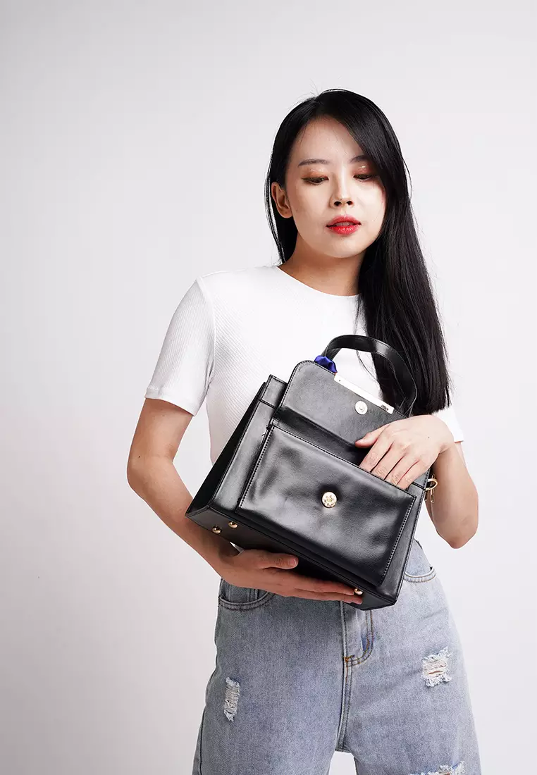 Vedlyn Carol tas wanita terbaru model top handle bag - Black Tutup