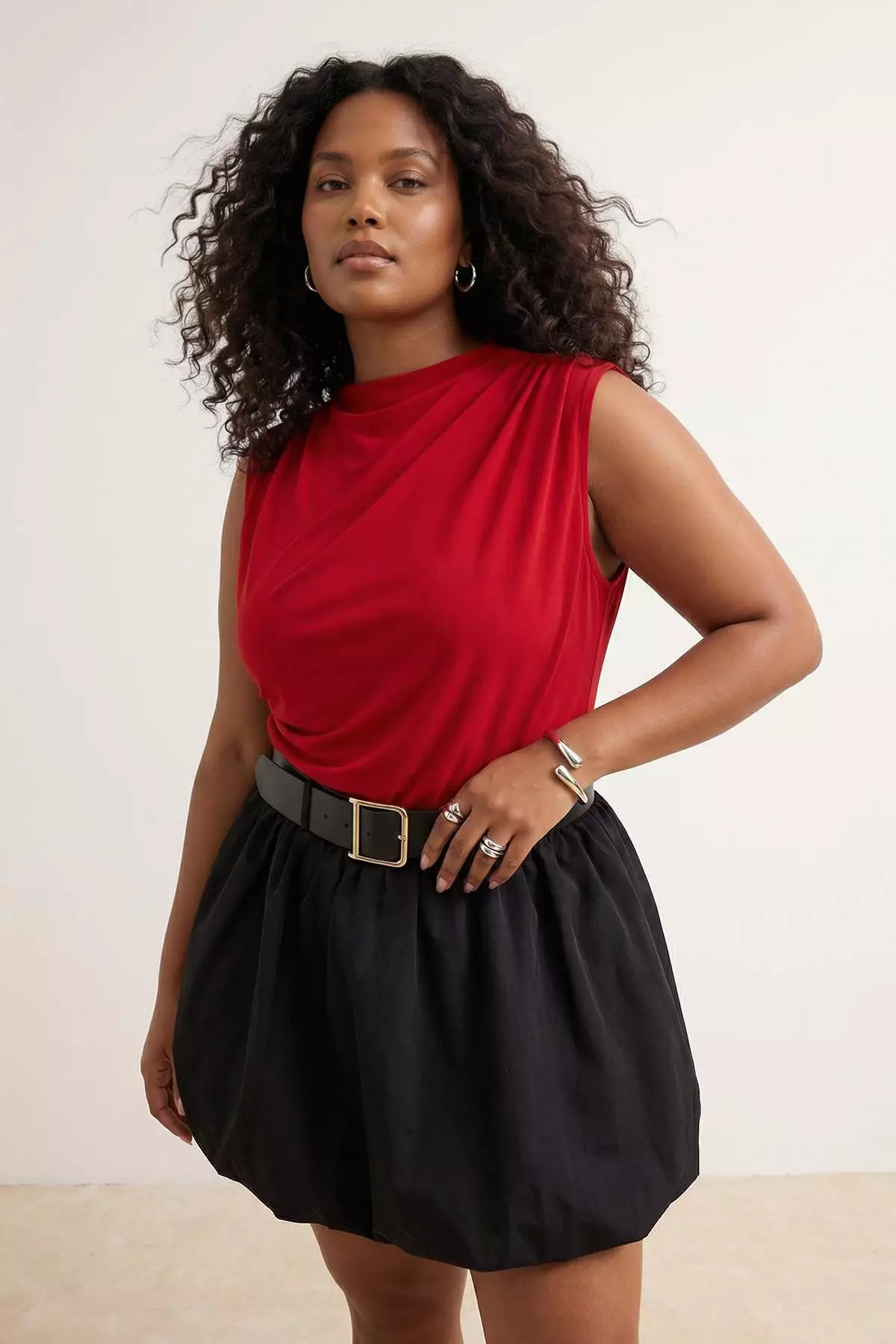 Red Mock Neck Ruched Detail Sleeveless Knitted Large Size Blouse Tbbss26Af00065