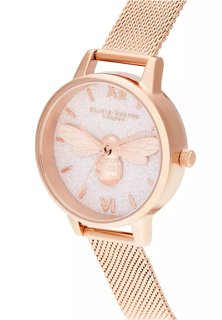 Olivia Burton Lucky Bee Midi Glitter Dial & Rose Gold Mesh - OB16FB04