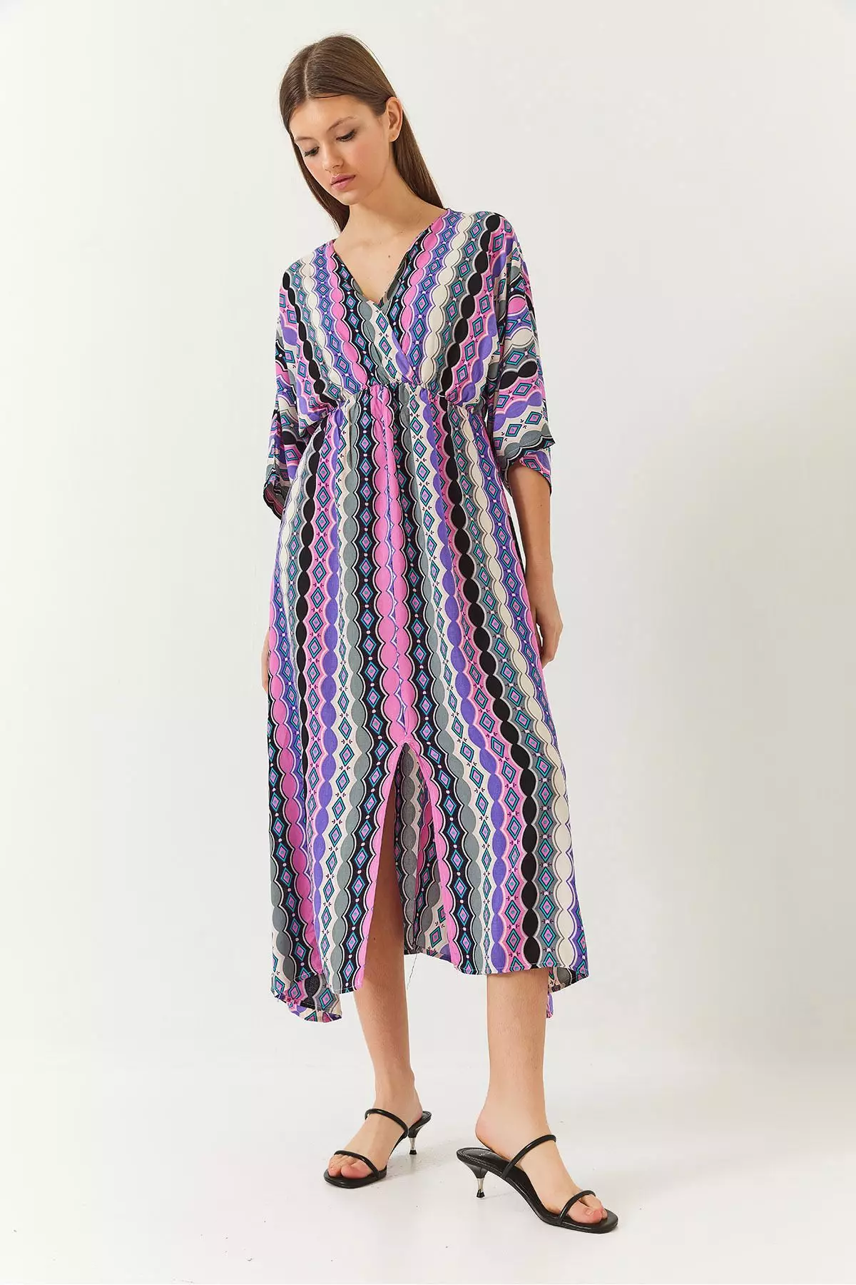 Women's Double Breasted V Neck Front Slit Detail Print Dress 60261411