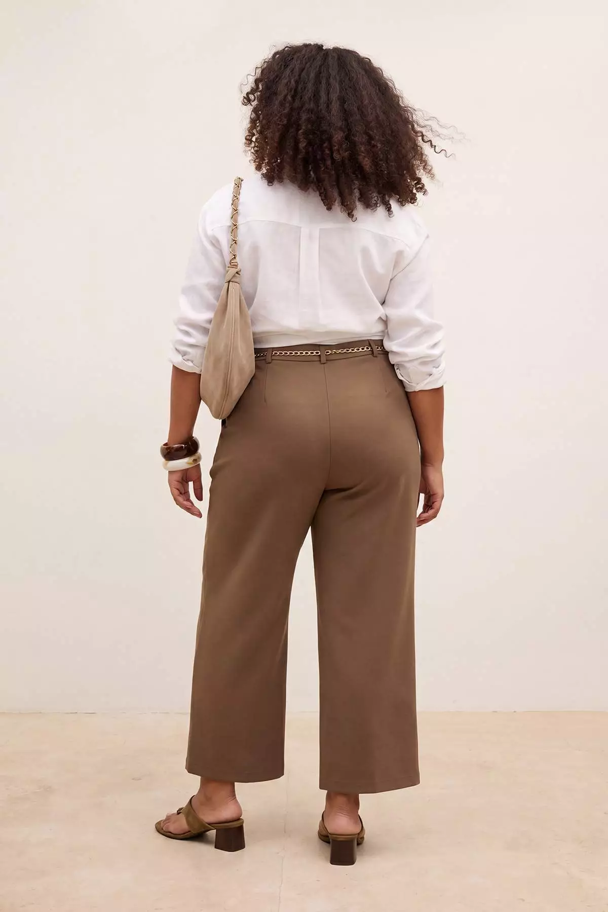 Khaki High Waist Pipe Leg Accessory Detailed Plus Size Woven Trousers Tbbss26Ar00015