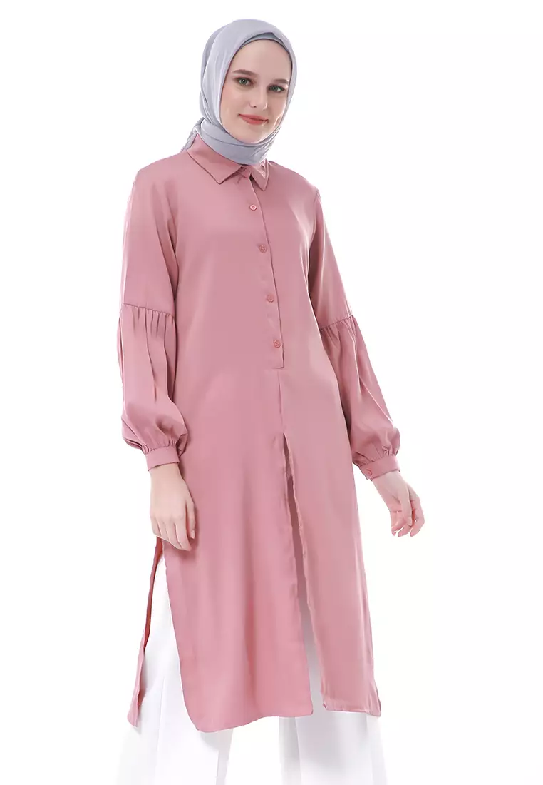 Syabilla Tunik Muslimah Wanita Long Sleeve Motif Polos Regular Fit - Dustypink