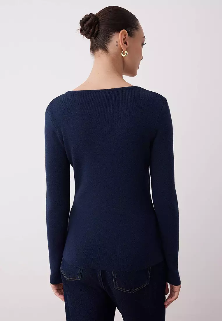Navy Blue Premium Yarn/Special Yarn Fitted/Slim Fit Wool Knitwear Cardigan