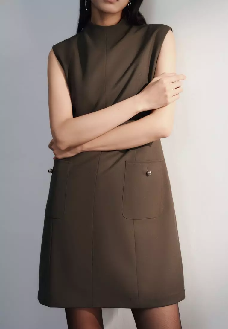 Metallic Button Mock Neck Dress