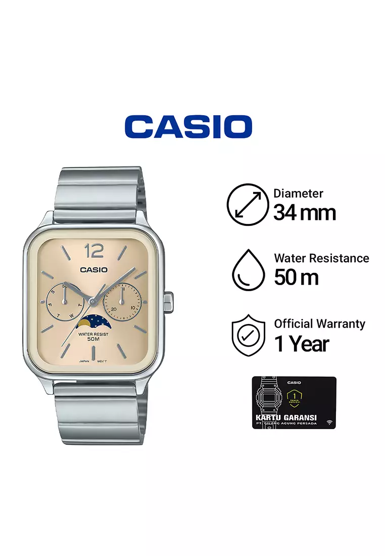 CASIO to the Moon and Back Series MTP-M305D-9AV Jam Tangan Analog Pria - Beige Dial Silver Stainless Steel